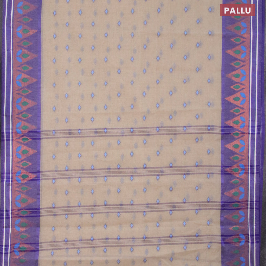 Bengal cotton saree beige and blue with thread woven buttas and copper zari woven border without blouse