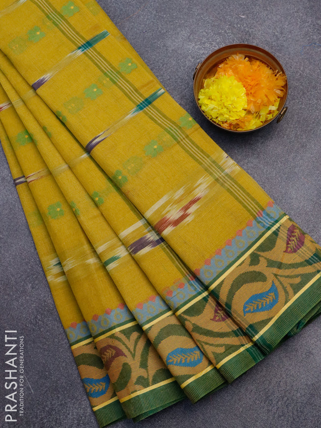 Bengal cotton saree lime yellow and green with thread woven ikat butta weaves and thread woven border without blouse