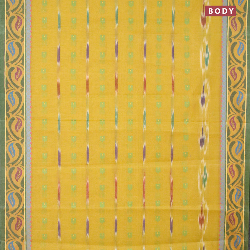 Bengal cotton saree lime yellow and green with thread woven ikat butta weaves and thread woven border without blouse