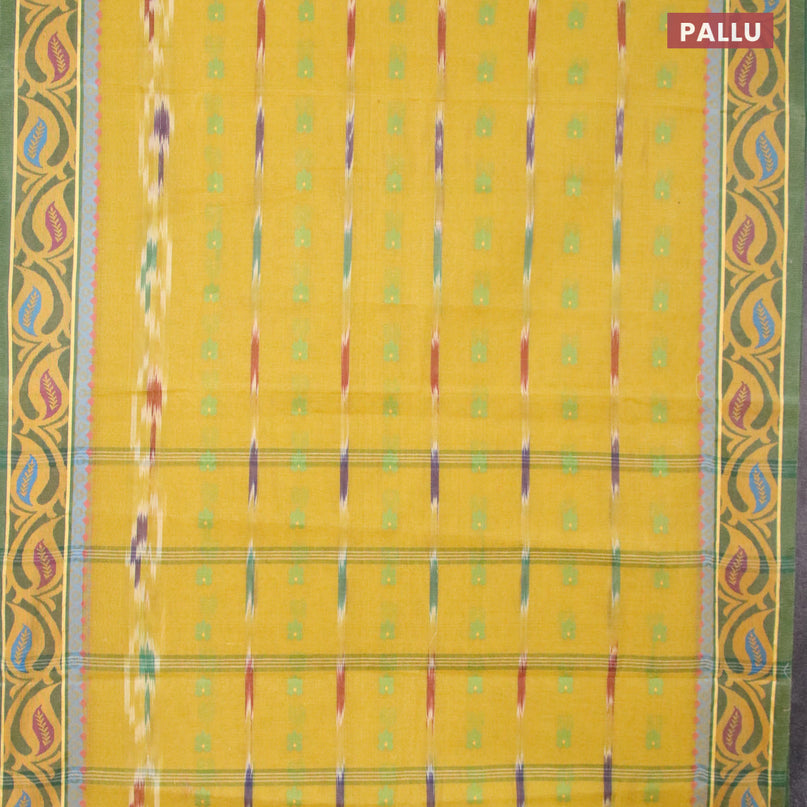 Bengal cotton saree lime yellow and green with thread woven ikat butta weaves and thread woven border without blouse