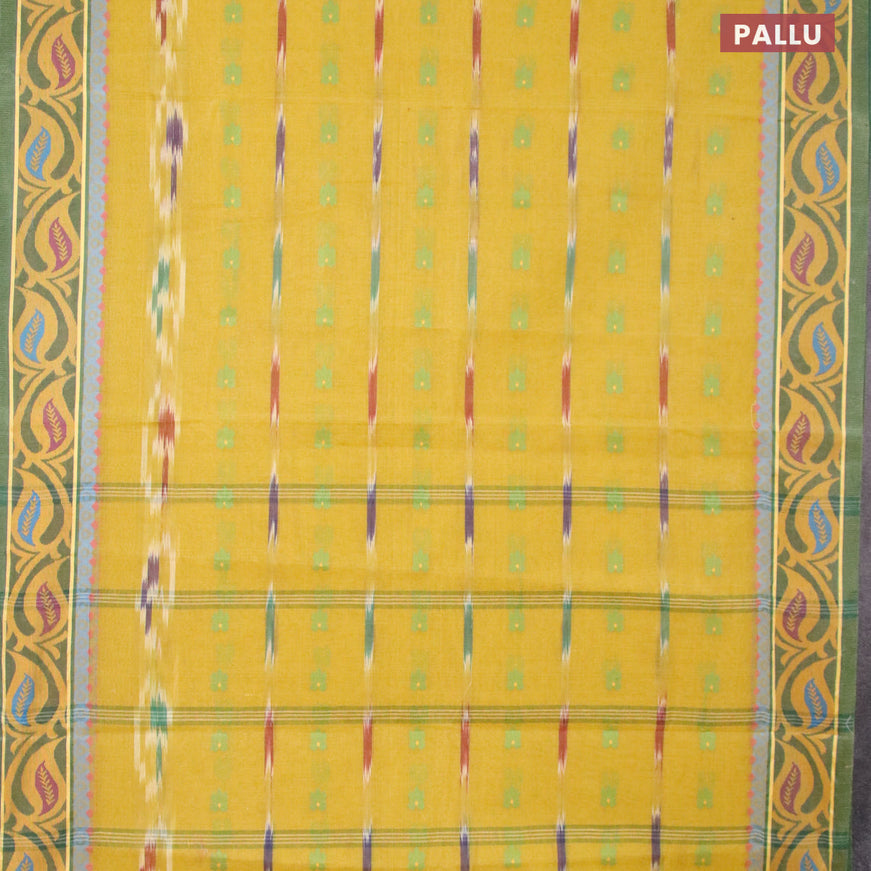 Bengal cotton saree lime yellow and green with thread woven ikat butta weaves and thread woven border without blouse