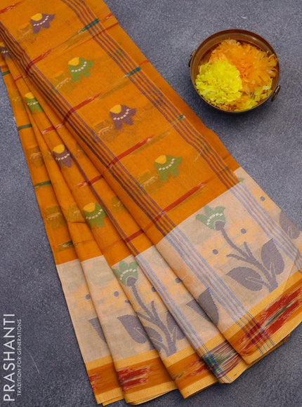 Bengal cotton saree mustard yellow with thread woven ikat butta weaves and thread woven border without blouse