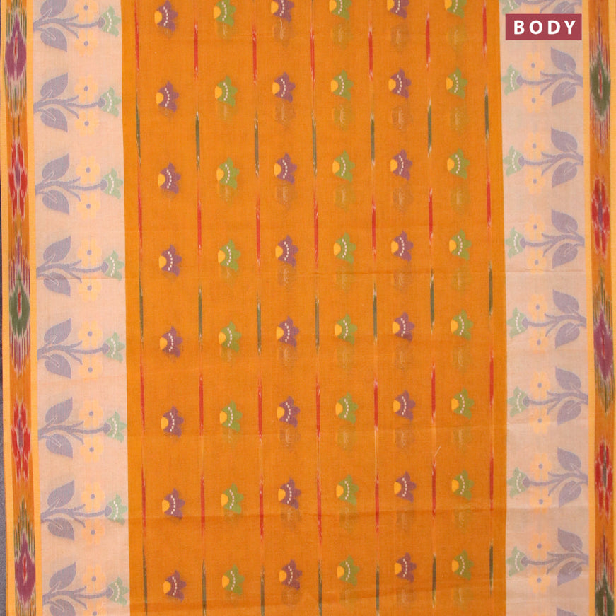 Bengal cotton saree mustard yellow with thread woven ikat butta weaves and thread woven border without blouse