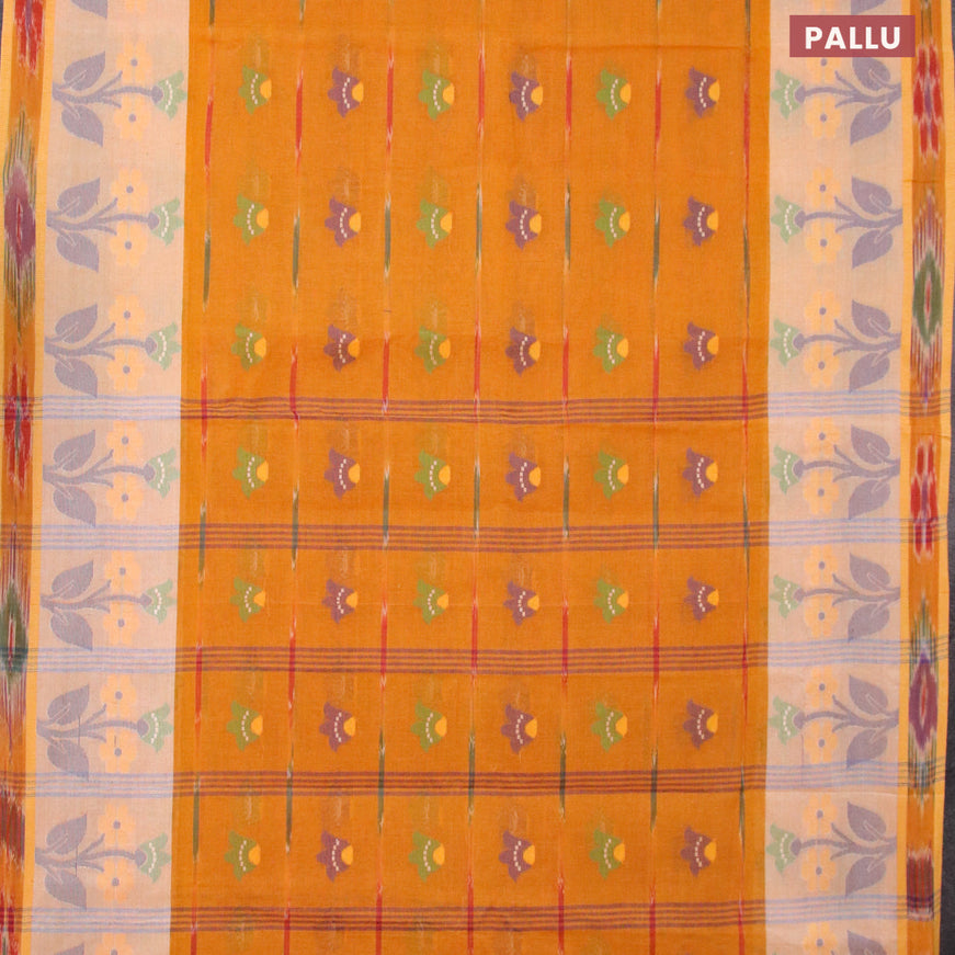 Bengal cotton saree mustard yellow with thread woven ikat butta weaves and thread woven border without blouse