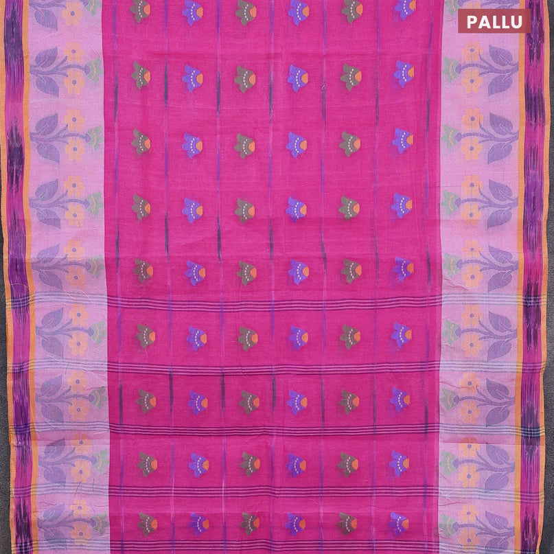 Bengal cotton saree pink and yellow with thread woven ikat butta weaves and thread woven border without blouse