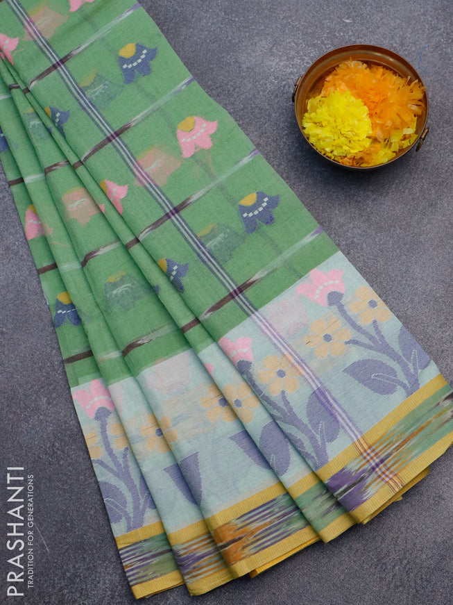 Bengal cotton saree pastel green and yellow with thread woven ikat butta weaves and floral design thread woven border without blouse