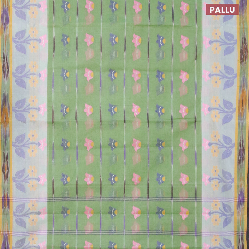 Bengal cotton saree pastel green and yellow with thread woven ikat butta weaves and floral design thread woven border without blouse