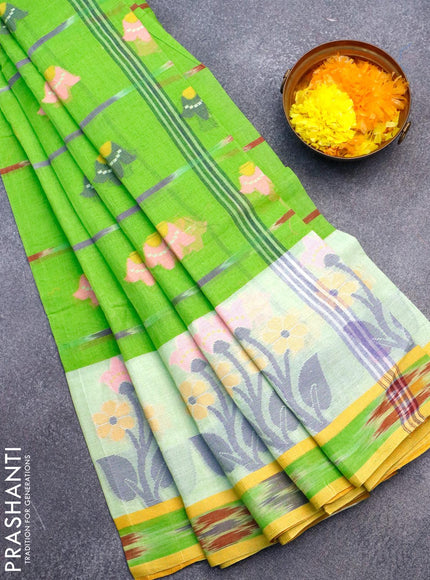 Bengal cotton saree light green and yellow with thread woven ikat butta weaves and floral design thread woven border without blouse