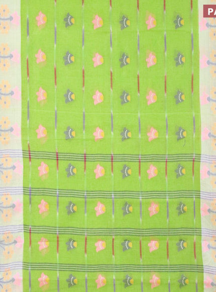 Bengal cotton saree light green and yellow with thread woven ikat butta weaves and floral design thread woven border without blouse