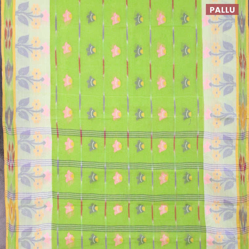 Bengal cotton saree light green and yellow with thread woven ikat butta weaves and floral design thread woven border without blouse