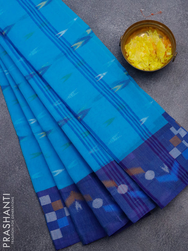 Bengal cotton saree cs blue and blue with thread woven ikat butta weaves and thread woven border without blouse