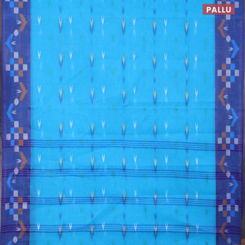 Bengal cotton saree cs blue and blue with thread woven ikat butta weaves and thread woven border without blouse