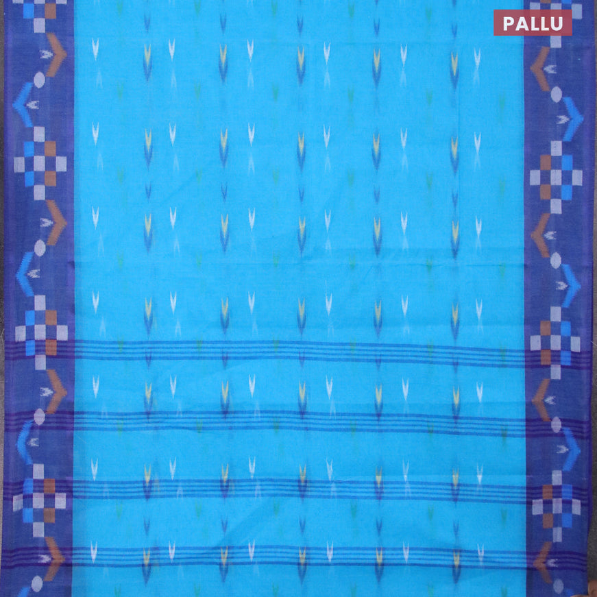 Bengal cotton saree cs blue and blue with thread woven ikat butta weaves and thread woven border without blouse