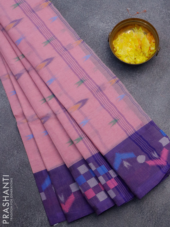 Bengal cotton saree light pink and blue with thread woven ikat butta weaves and thread woven border without blouse