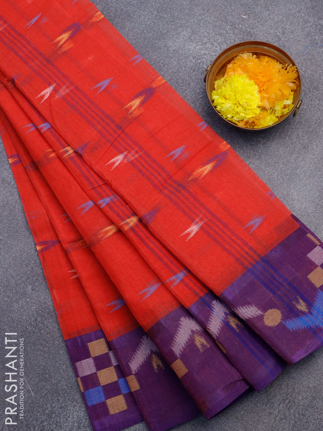 Bengal cotton saree red and blue with thread woven ikat butta weaves and thread woven border without blouse