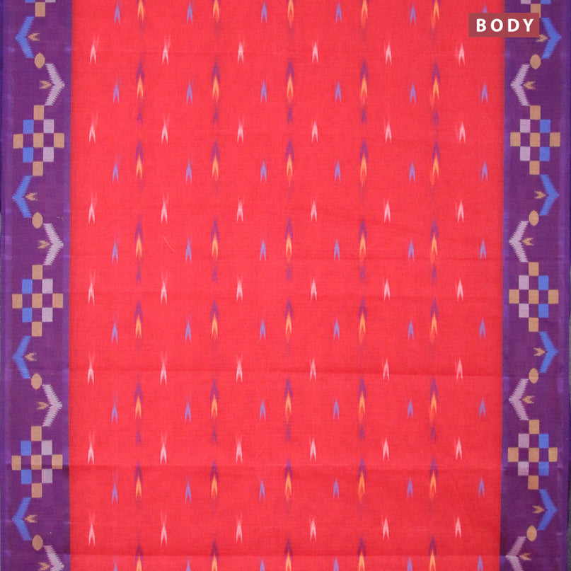 Bengal cotton saree red and blue with thread woven ikat butta weaves and thread woven border without blouse