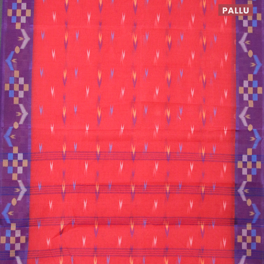 Bengal cotton saree red and blue with thread woven ikat butta weaves and thread woven border without blouse