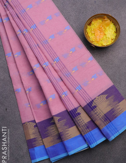 Bengal cotton saree pastel pink and cs blue with thread woven buttas and thread woven border without blouse