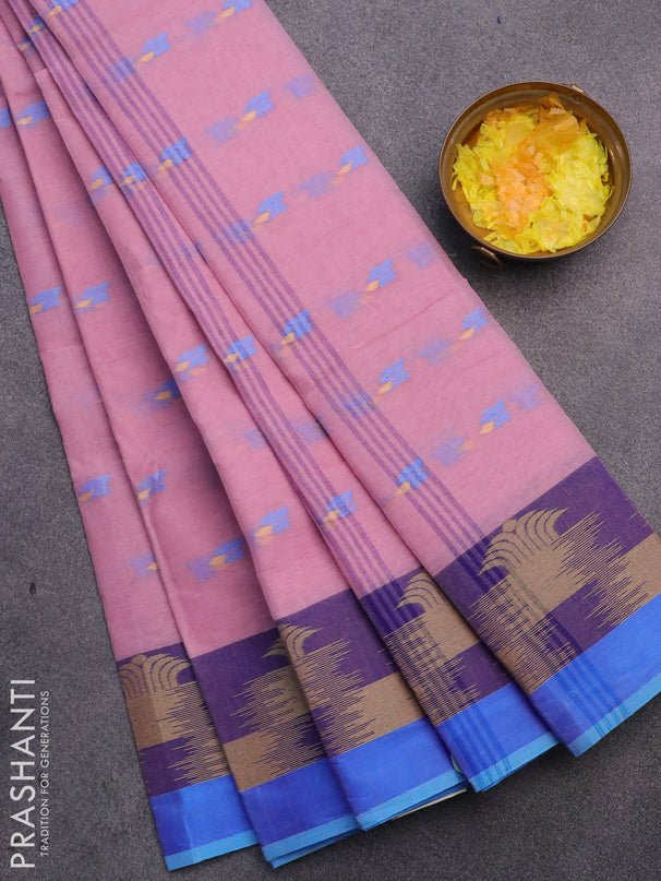 Bengal cotton saree pastel pink and cs blue with thread woven buttas and thread woven border without blouse