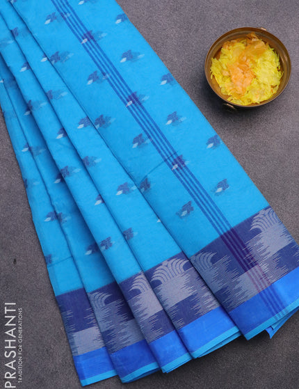 Bengal cotton saree cs blue and blue with thread woven buttas and thread woven border without blouse