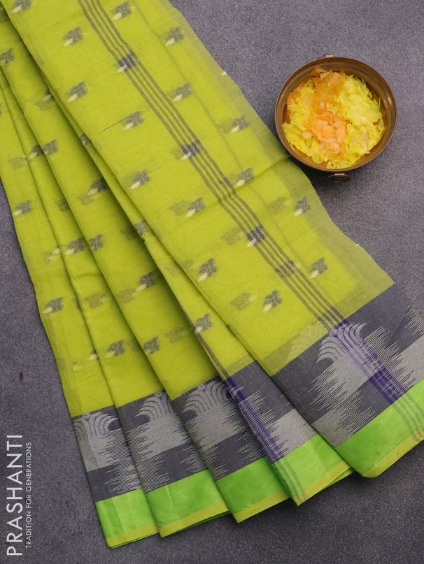 Bengal cotton saree fluorescent green and blue with thread woven buttas and thread woven border without blouse