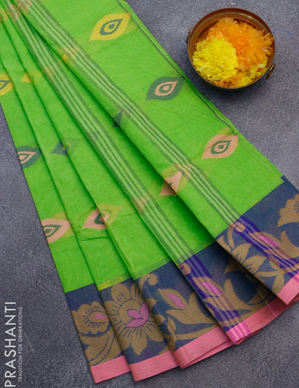 Bengal cotton saree light green and blue pink with thread woven buttas and thread woven border without blouse