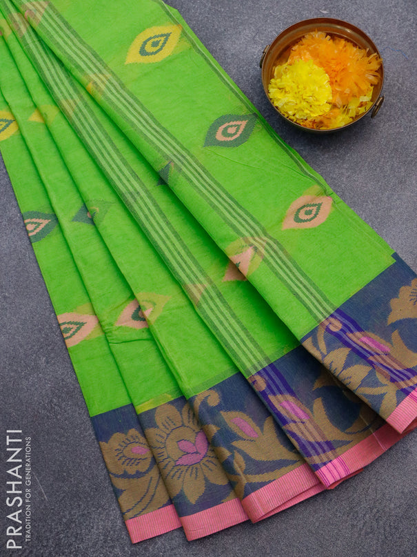 Bengal cotton saree light green and blue pink with thread woven buttas and thread woven border without blouse