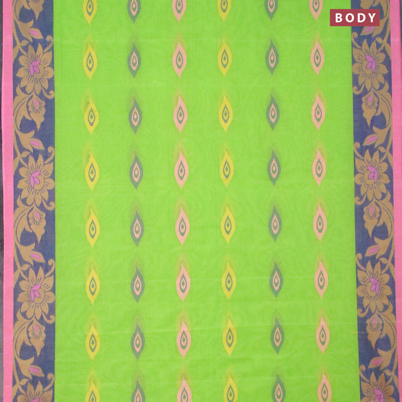 Bengal cotton saree light green and blue pink with thread woven buttas and thread woven border without blouse