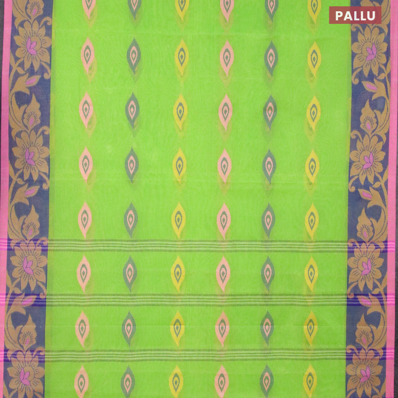 Bengal cotton saree light green and blue pink with thread woven buttas and thread woven border without blouse