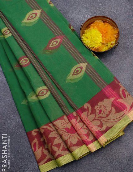 Bengal cotton saree green shade and dark magenta pink with thread woven buttas and thread woven border without blouse