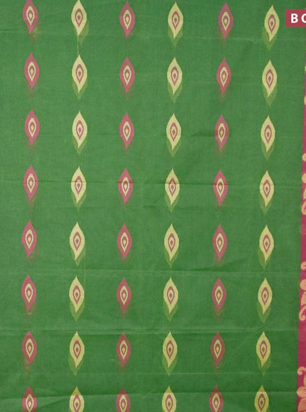 Bengal cotton saree green shade and dark magenta pink with thread woven buttas and thread woven border without blouse