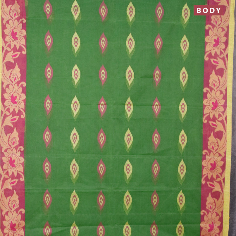 Bengal cotton saree green shade and dark magenta pink with thread woven buttas and thread woven border without blouse