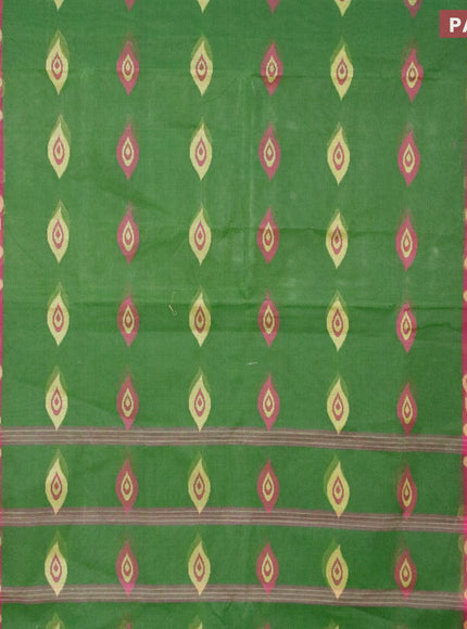 Bengal cotton saree green shade and dark magenta pink with thread woven buttas and thread woven border without blouse