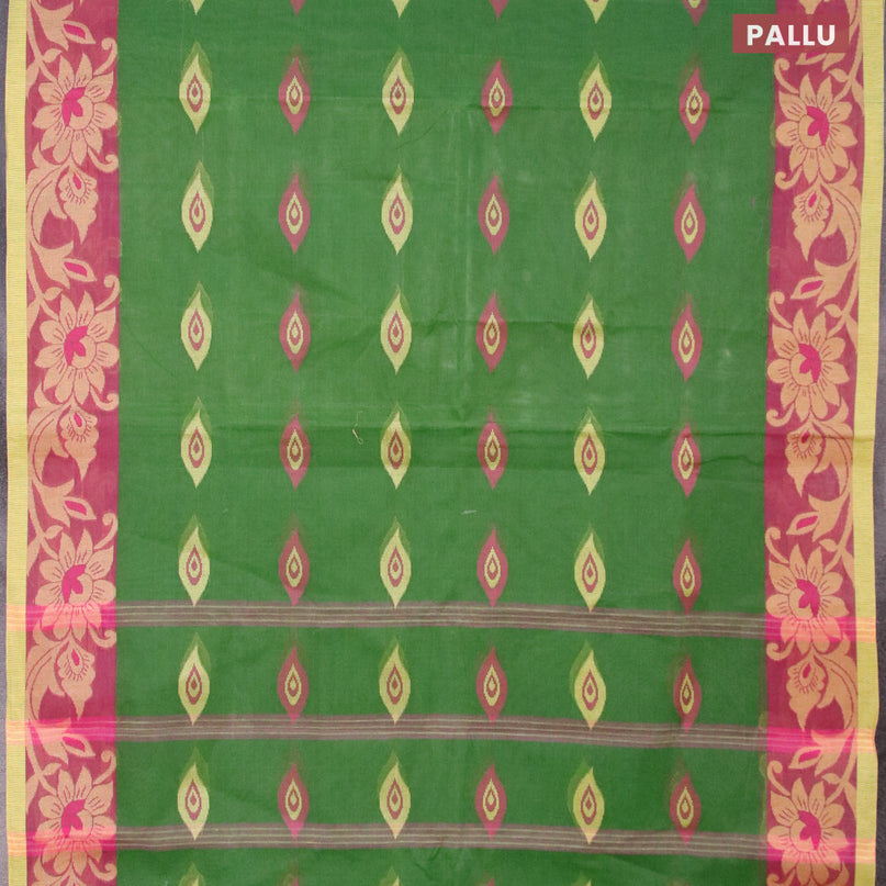 Bengal cotton saree green shade and dark magenta pink with thread woven buttas and thread woven border without blouse