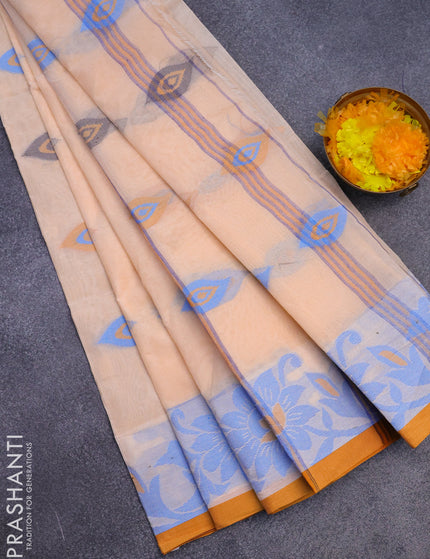 Bengal cotton saree peach shade and mustard yellow with thread woven buttas and thread woven border without blouse