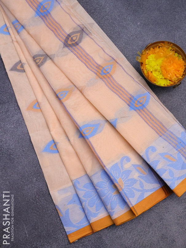 Bengal cotton saree peach shade and mustard yellow with thread woven buttas and thread woven border without blouse