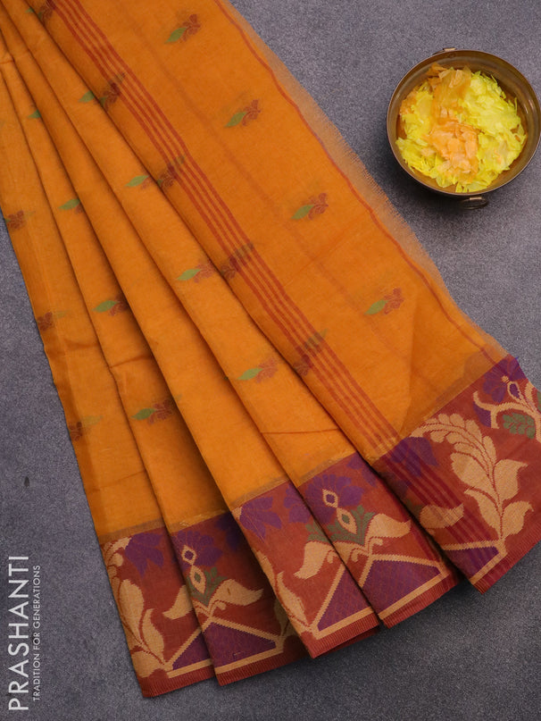 Bengal cotton saree mustard shade and maroon with thread woven buttas and thread woven border without blouse