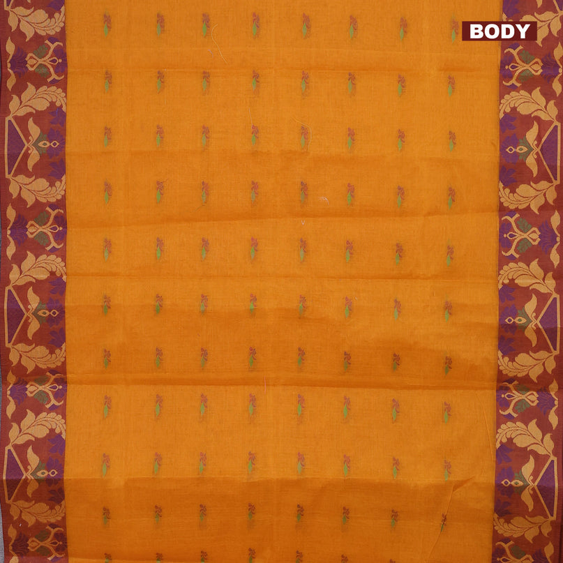 Bengal cotton saree mustard shade and maroon with thread woven buttas and thread woven border without blouse