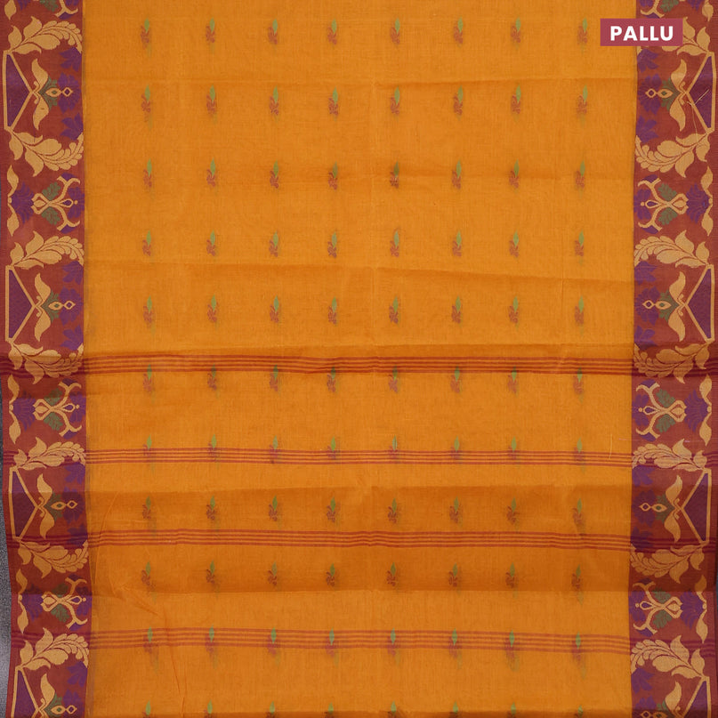 Bengal cotton saree mustard shade and maroon with thread woven buttas and thread woven border without blouse