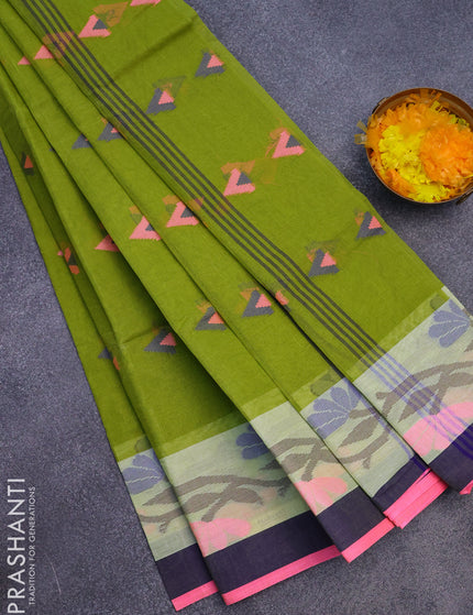 Bengal cotton saree light green and blue pink with thread woven buttas and thread woven border without blouse