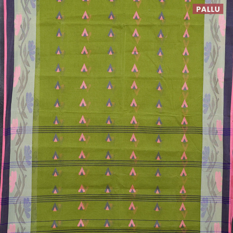 Bengal cotton saree light green and blue pink with thread woven buttas and thread woven border without blouse