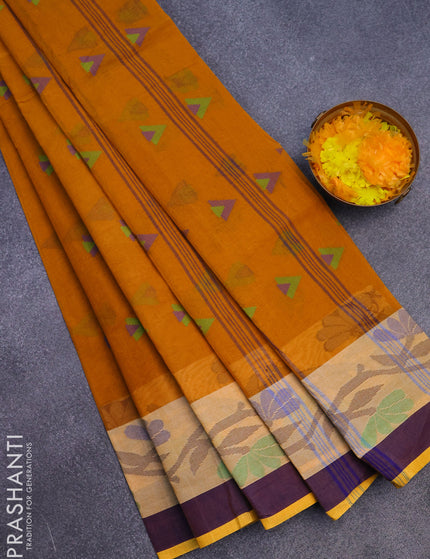 Bengal cotton saree mustard yellow and blue with thread woven buttas and thread woven border without blouse