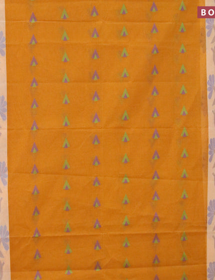 Bengal cotton saree mustard yellow and blue with thread woven buttas and thread woven border without blouse