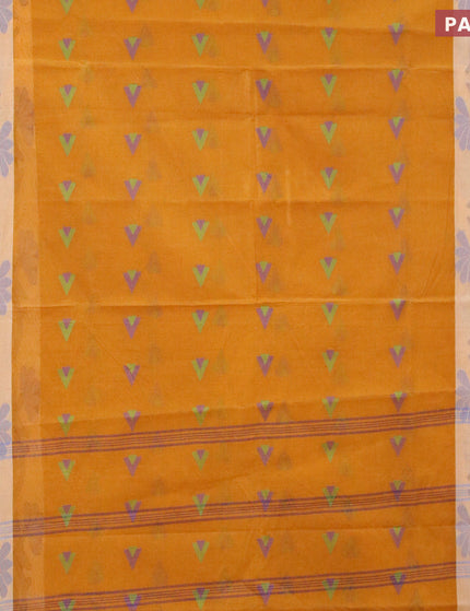 Bengal cotton saree mustard yellow and blue with thread woven buttas and thread woven border without blouse