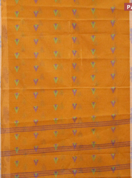 Bengal cotton saree mustard yellow and blue with thread woven buttas and thread woven border without blouse