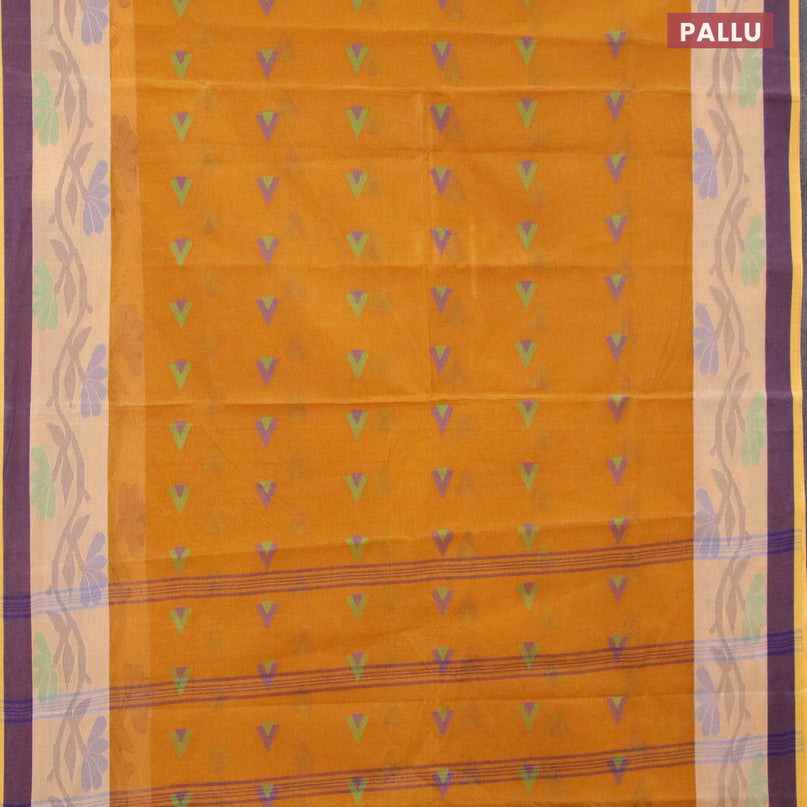 Bengal cotton saree mustard yellow and blue with thread woven buttas and thread woven border without blouse