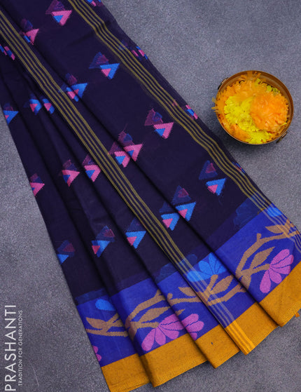 Bengal cotton saree navy blue and mustard yellow with thread woven buttas and thread woven border without blouse