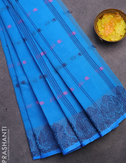 Bengal cotton saree cs blue with thread woven buttas and thread woven border without blouse