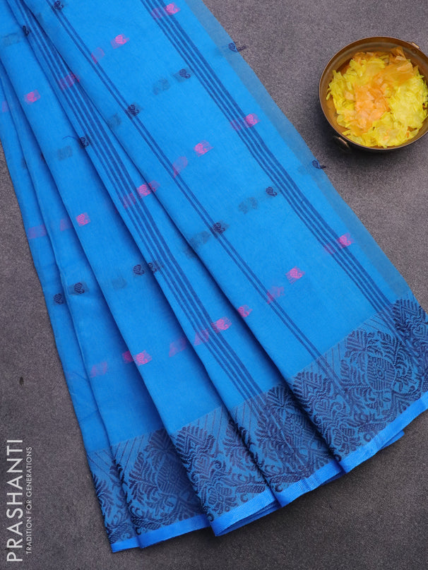 Bengal cotton saree cs blue with thread woven buttas and thread woven border without blouse