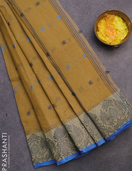 Bengal cotton saree dark sandal and cs blue with thread woven buttas and thread woven border without blouse